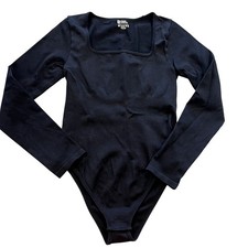 Women's Ribbed Black Square Neck Tummy Control Bodysuit Size Medium