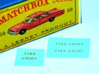 Replacement decals (3) for Matchbox Lesney 59b Ford Fairlane Fire Chief Car