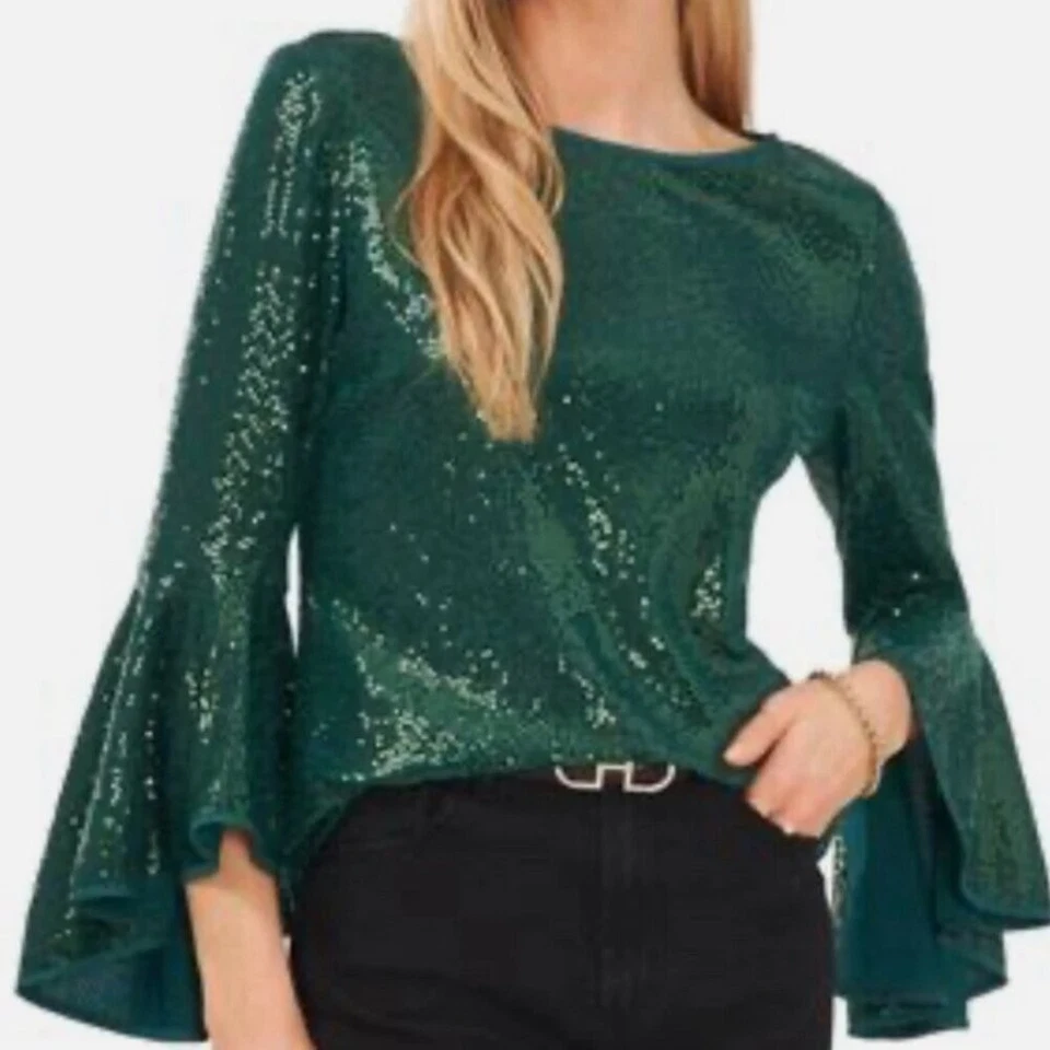 Vince Camuto размер средний зеленый блестки Расклешенный рукав эластичной верхний вечер фестиваль - Изображение 2 из 4