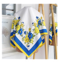 White Blue Yellow Floral Print Silk Satin Square Scarf for Women Ukraine Theme