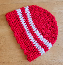 Beanie 3-6 Months Baby Girl Handmade Crochet Red w/Scallop Edge  White Stripes