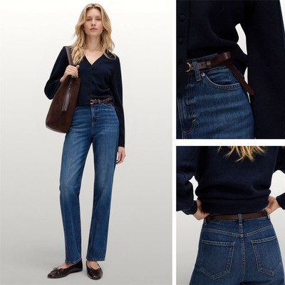 Damen M&S Premium Jeans High Rise Authentic Slim Dark Indigo Stretch Denim