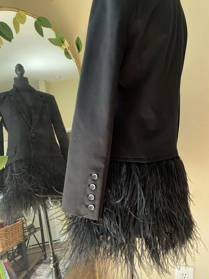 Blazer Elizabeth & James Negro Ribete Pluma Talla 6 Elegante Diseñador de Lujo Foto 4 de 4