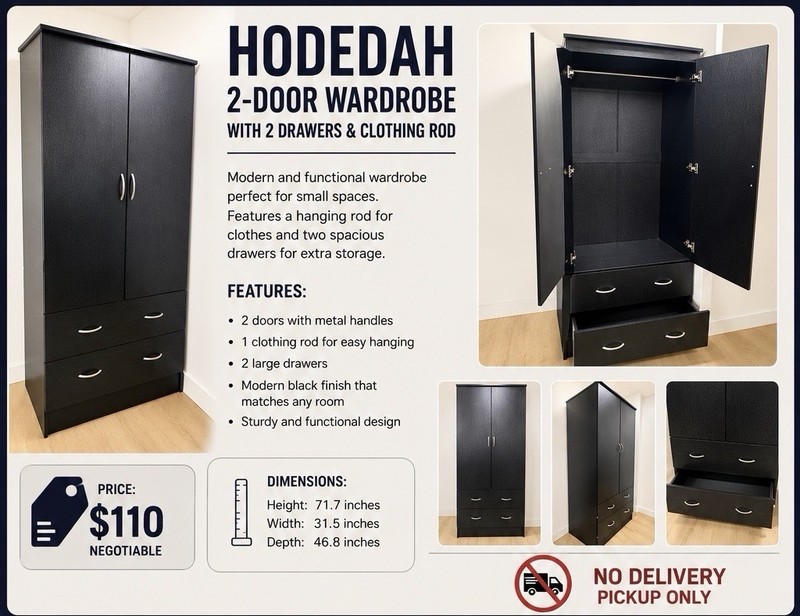 Hodedah Modern Black Freestanding Wardrobe 2 Door 2 Drawer Hanging Rail 71.7"
