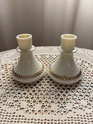 Wheaton Ware Vintage Custard Glass Candle Holders With Gold Accents Pair
