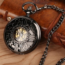 Vintage Men's Analog Mechanical Pocket Watches Pendant Chain Gear Pattern Case
