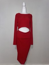 PrettyGarden L Red Ribbed Knit Cutout Dress Long Sleeve Two Piece Look