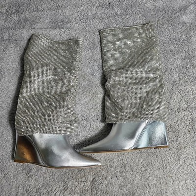 Steve Madden Metallic Silver All Rhinestone Wedge Boots Pointed Toe Knee High 6M