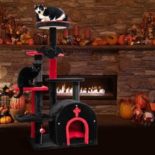 6-Tier Gothic Cat Tree 53  Tall Cat Tower w/ Cat Bed Arch-Shaped Condo Pompom