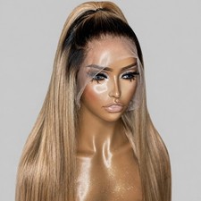 Ombre blonde Invisible Lace Synthetic Hair 13x4 Lace Front Wigs Long Straight