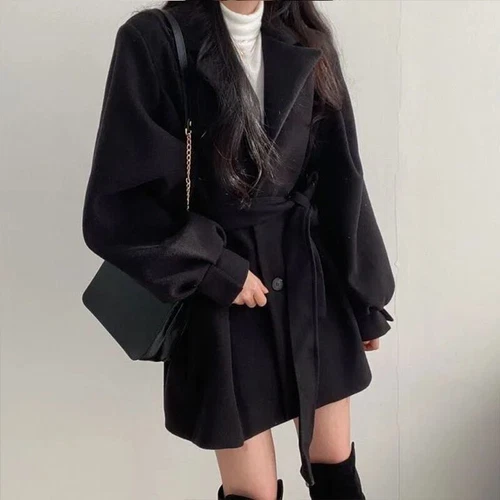 Women's Woolen Coat Autumn Winter Mid Length Lapel Belt Jacket Elegant Outwear - Picture 8 of 16