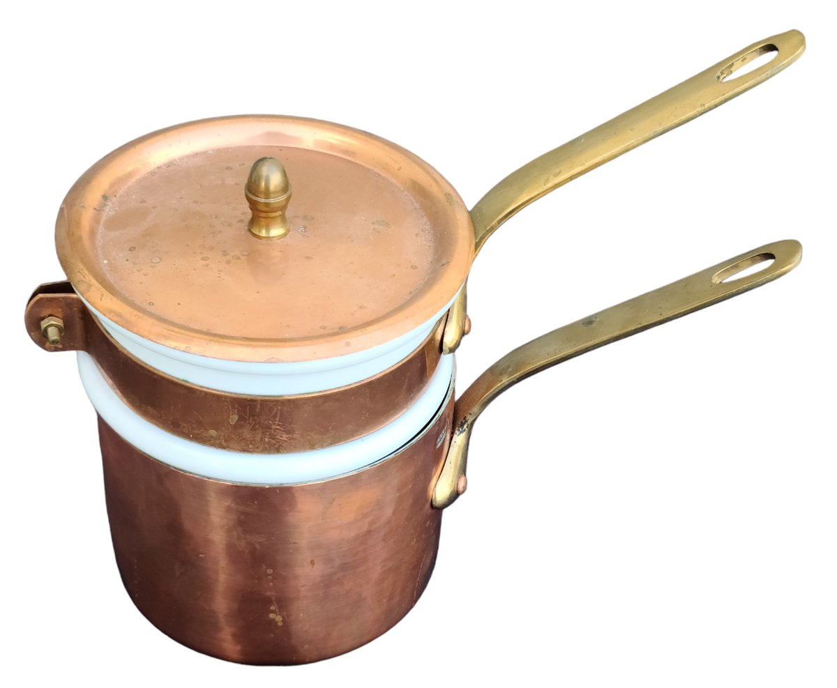 Vintage Apilco Copper Porcelain Lined Double Boiler – Brass