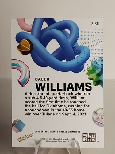 CALEB WILLIAMS 2022 SKYBOX METAL UNIVERSE CHAMPIONS Z FORCE USC BEARS RC - Picture 2 of 2