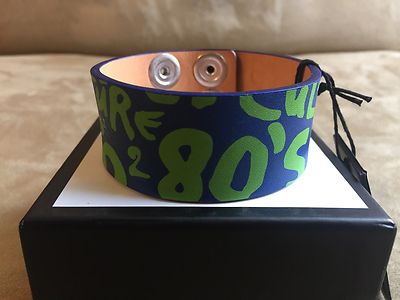 DSQUARED² BLUE GREEN LEATHER 80'S CULTURE PRINT WRISTBAND CUFF BRACELET ARMLET U