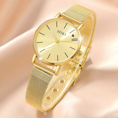 Ladies Watch Golden Mesh With Casual Quartz Watch And Love  display picture 3