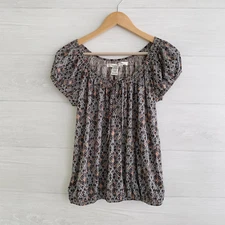 Max Studio - Blue brown short sleeve stretch peasant top, M