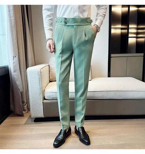 Autumn Winter Pantalones Hombre High waist Waffle Business Casual Suit Pants For Men Clothing Slim Fit Formal Wear Trousers 36