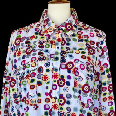 Roper Long Sleeve Pearl Snap Flip Cuff Western Shirt Sz 2X Mod Circle Dot Floral