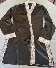 Fredericks Of Hollywood Vtg Black Silky Robe Trimmed In Blush Lace Polyester Fan