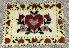 Vintage Latch Hook Rug Completed Hearts Flowers Red Pink Yellow Green 19x26