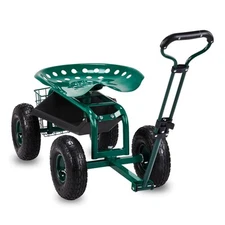 Rolling Garden Cart with Seat and Wheels Extendable Steer Handle Green