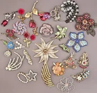 Vintage Brooch Lot 29pc Rhinestone Enamel Floral Mixed Costume Jewelry Estate