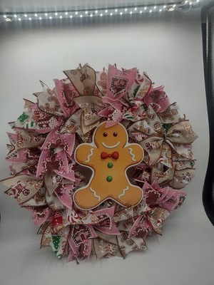 Cute Little Gingerbread Man Ribbon Wreath 14 inch