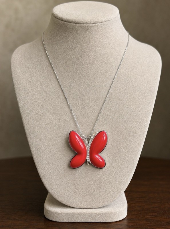 Harvey Lewis Red Butterfly Dangling Necklace