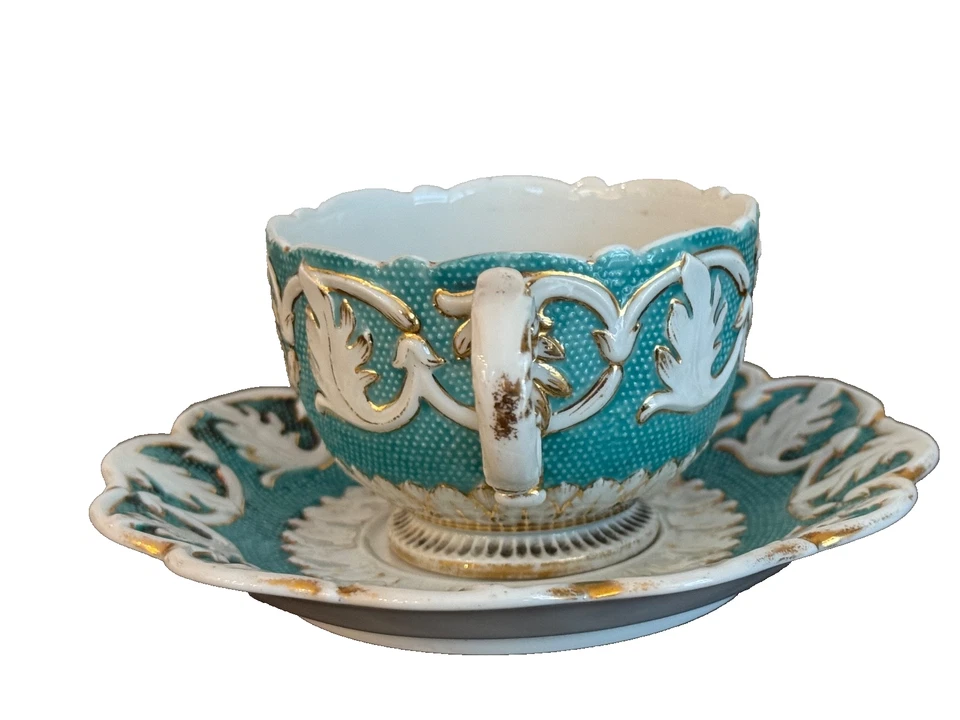 Meissen Porcelain Turquoise Blue with Raised White & Gold Gilt Cup and Saucer - Image 4 of 4
