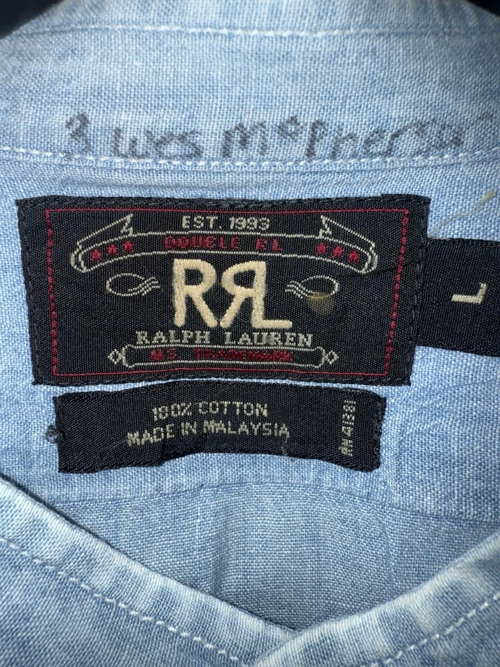 RRL Double Ralph Lauren Mandarin Band Collar Shirt - Size Large Blue - Image 2 of 4