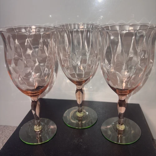 3 Weston Etched Depression Uranium Watermelon Water Wine Glass Goblets 7”