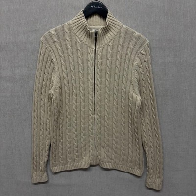 L.L. Bean Vintage Beige Zopfmuster Reißverschluss Strickjacke Damen Gr. L Strickwaren
