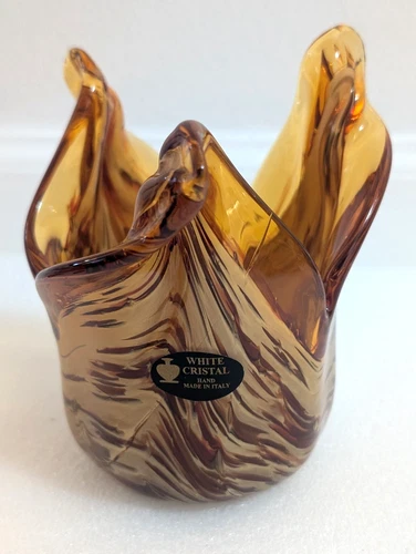 Vtg MURANO Italy Hand Blown Brown Amber Art Glass Twisted Petal Vase Bowl