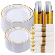 Goodluck 350 Piece Gold Plastic Dinnerware Set for 50 Guests, Fancy Disposabl...