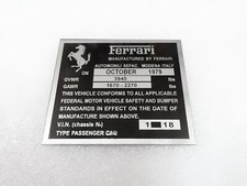 DATA PLATE FITS TO FERRARI VWR GAWR CHASIS FEDERAL SAFETY STANDARDS #V297-8
