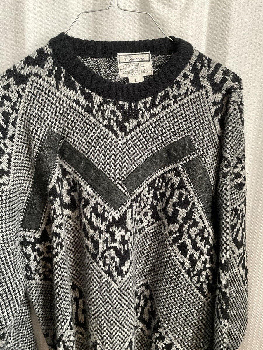 Funky 80s Grandpa Sweater Chartwell Men's Sz L Leather Accents