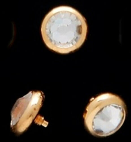 Dermal Head Clear Gemmed 3mm Gem /4mm Top 14 Gauge Gold Plated SET of 2 - Afbeelding 1 van 3