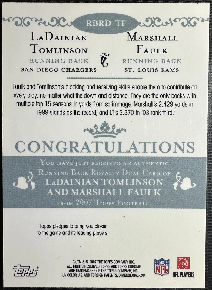 2007 Topps Chrome Running Back Royalty Tomlinson, Faulk Chargers #RBRD-TF - Image 2 of 2