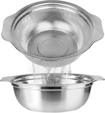 Stainless Steel Colander for Kitchen, 3QT Rice Washer Strainer with Mixing Bowl,