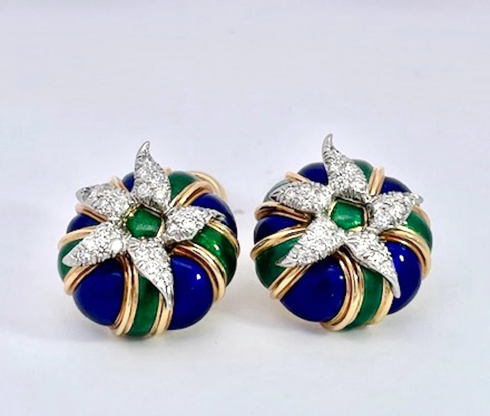 Pendientes Tiffany Schlumberger esmalte diamantes 18K Foto 4 de 4