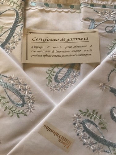 VTG Linea Valentino White w Blue Embroidery Handmade 4PC Queen Sheets Set Italy - 第 3/13 張圖片
