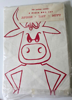 Rare Vtg 50's Nasty Pig 3 Pc BBQ Set Apron Chefs Hat Oven Mit ''Lot A Bull'' NOS