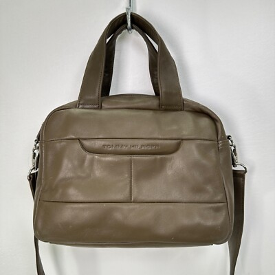 Tommy Hilfiger Nappa Leather Flag Satchel Olive Brown Khaki Lined  Crossbody NWT