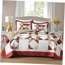 Cotton Quilt Bedding Sets 3 Pieces Soft Reversible King Red White Patchwork