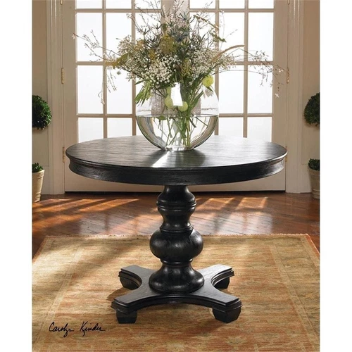 Uttermost Brynmore Round Traditional Pine Wood Grain Table in Satin Black - Picture 1 of 3