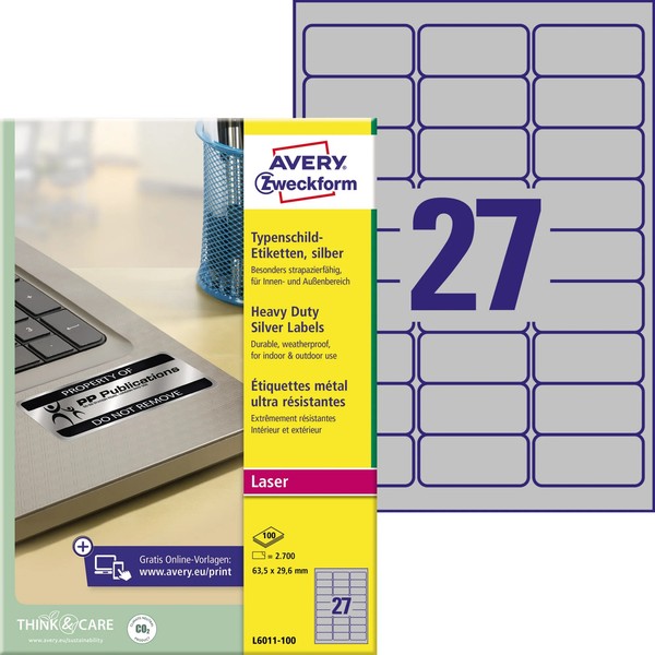 2-12X Avery Zweckform Typenschild-Etiketten, 63,5X29,6 Mm, Silber Mengenrabatt-image