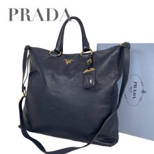 Prada Vitello Dino Navy 2way Tote Bag Shoulder Bag Leather Used
