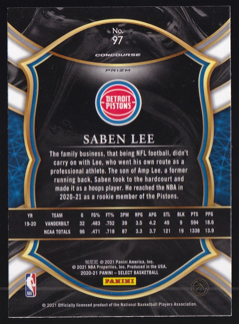 Saben Lee 2020-21 Panini Select Concourse Scope Prizm RC #97 Detroit Pistons thumbnail 2