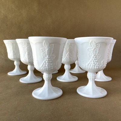 8 Vintage Milk Glass Wine Goblets Set Harvest Grape Indiana Glass