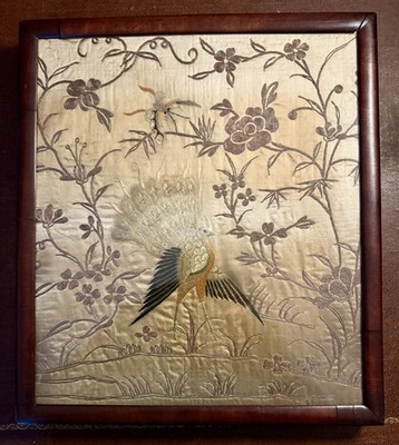 Wunderschöner georgianischer Palisanderrahmen Seidenarbeit eines Pfauenvogels um 1800 Kaminschirm